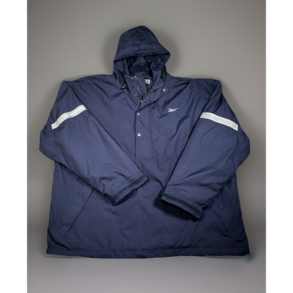 Vtg Reebok Mens Sz 2XL Activewear Track Half Zip Jacket Hooded Logo Navy Blue‎